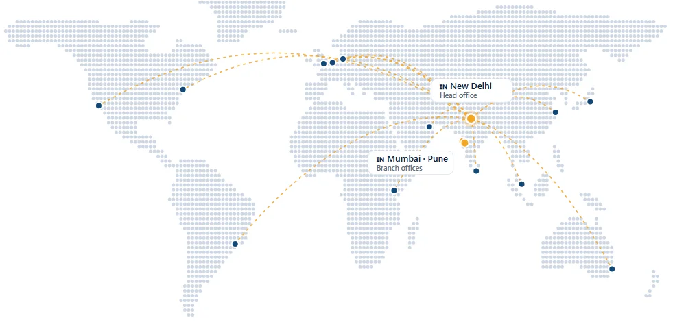 World map showing DGL offices in New Delhi, Mumbai and Pune and trade lanes to Dubai, Singapore, Shanghai, Tokyo, Colombo, Nairobi, Sydney, Rotterdam, Hamburg, London, New York, Los Angeles and São Paulo